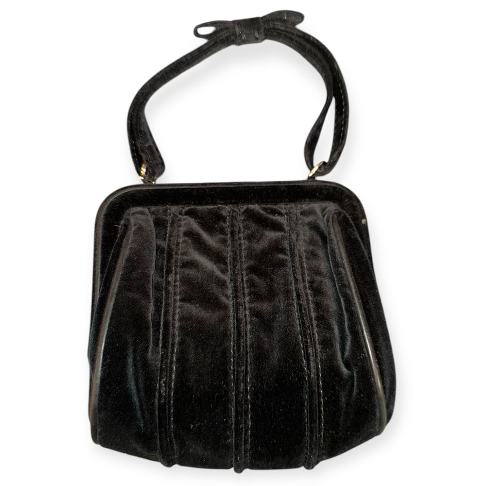 NICOLE FARHI Vintage Black Silk Velvet Evening Purse with Leather Piping